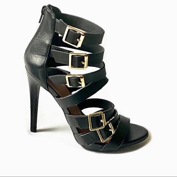 Multiple Straps Stiletto Heel Black Sandals Size 8 - Picture 7 of 12